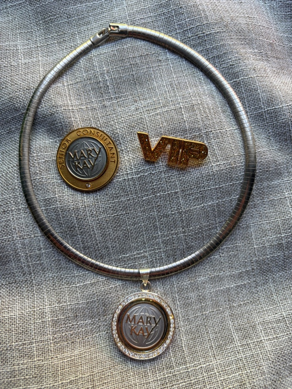 Mary Kay Silver/Gold-Tone Logo Pendant Necklace with Crystal Halo and two pins